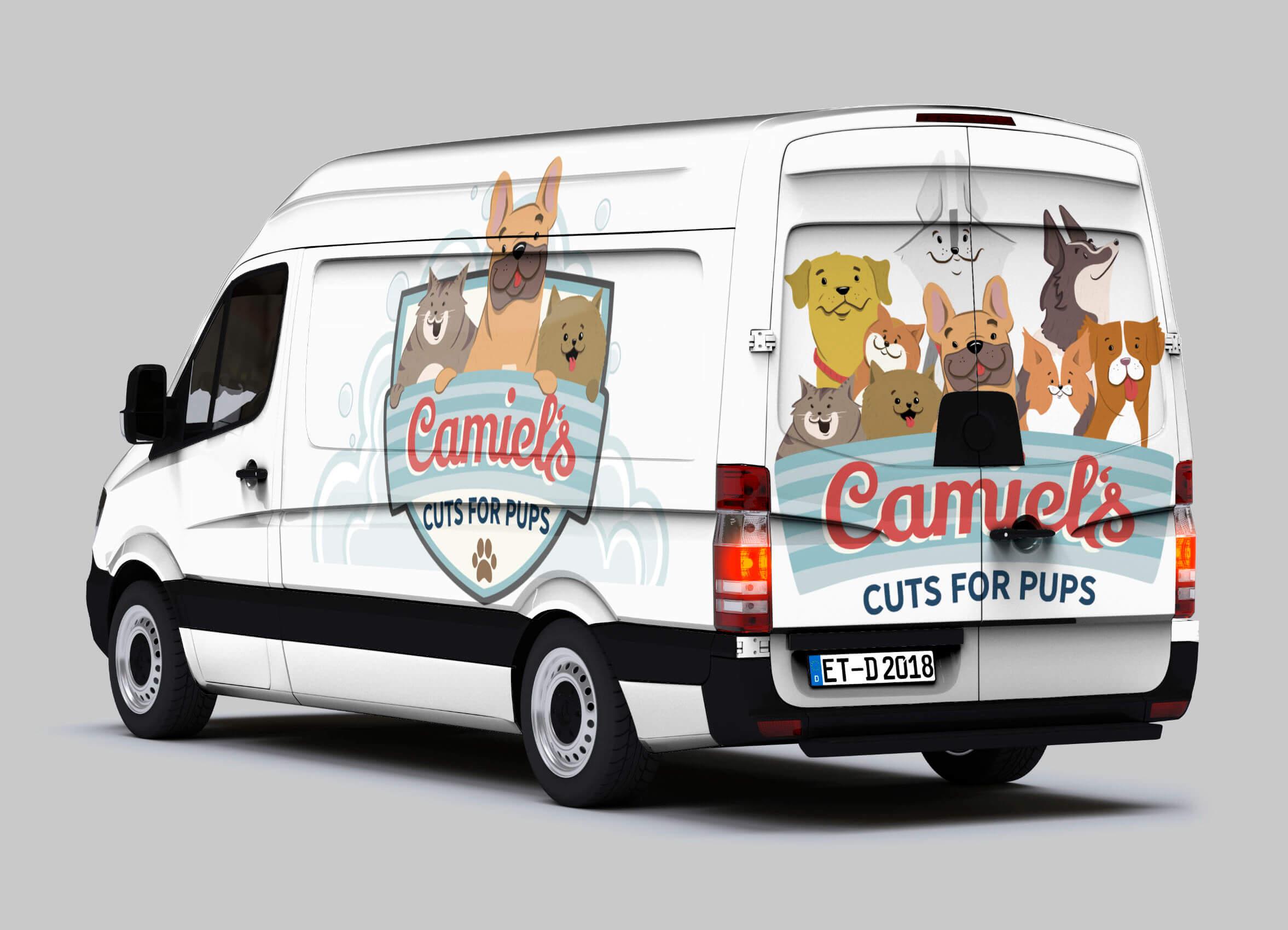 A sprinter van with dog illustrations on it.