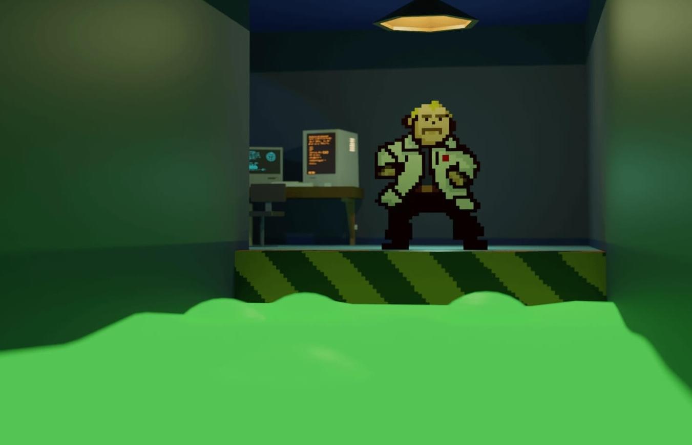 A 3d render of the inside of cartoon labratory with a pit of green ooze in the foreground and a scientist trying to cross it.