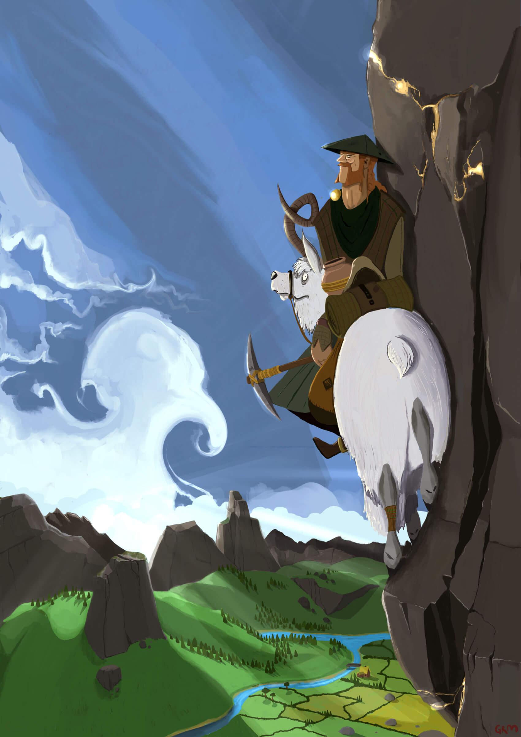 A man riding a goat like animal on the side of a cliff.