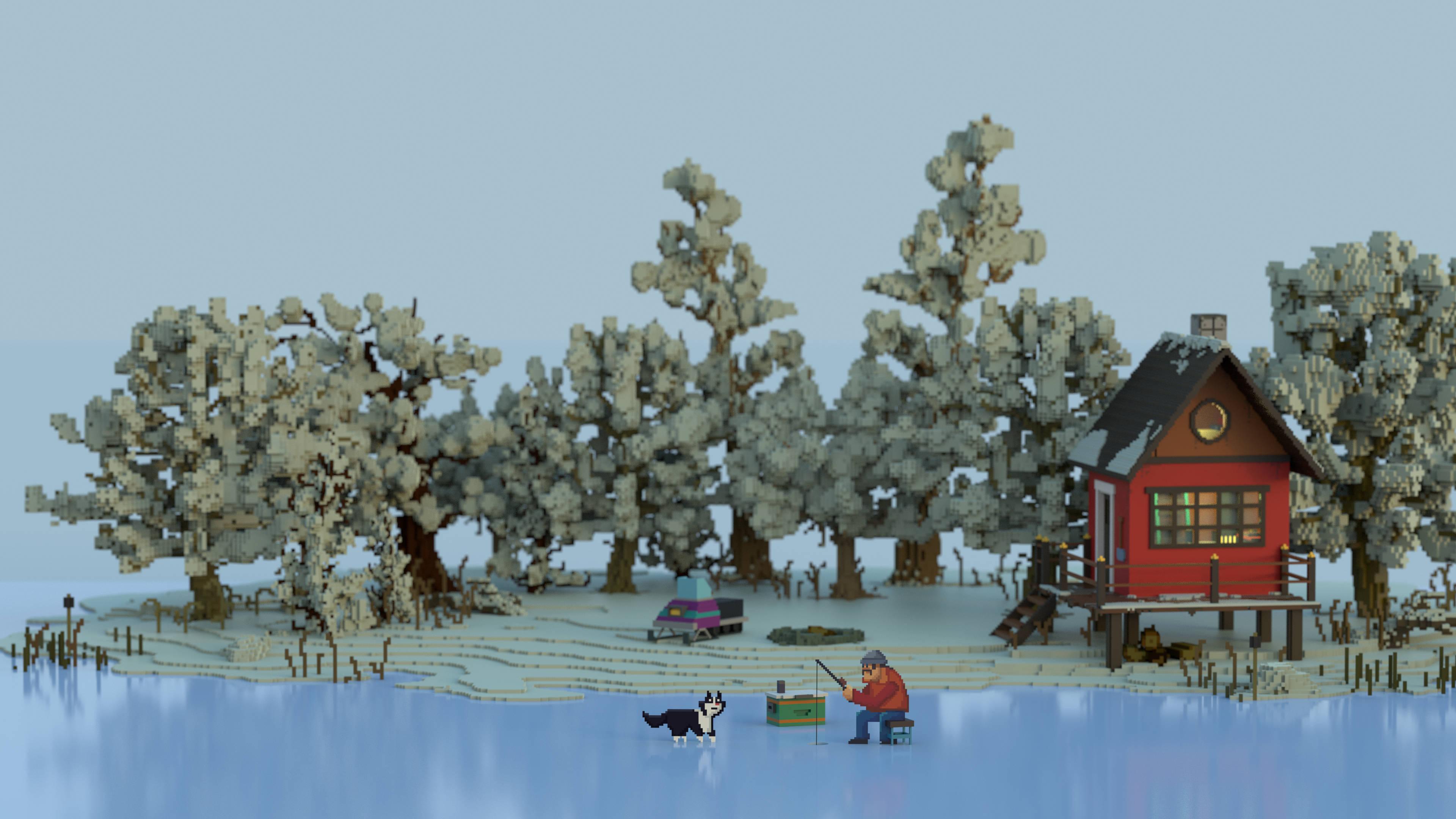 A pixelated scene of an island in winter with a man by a fire.