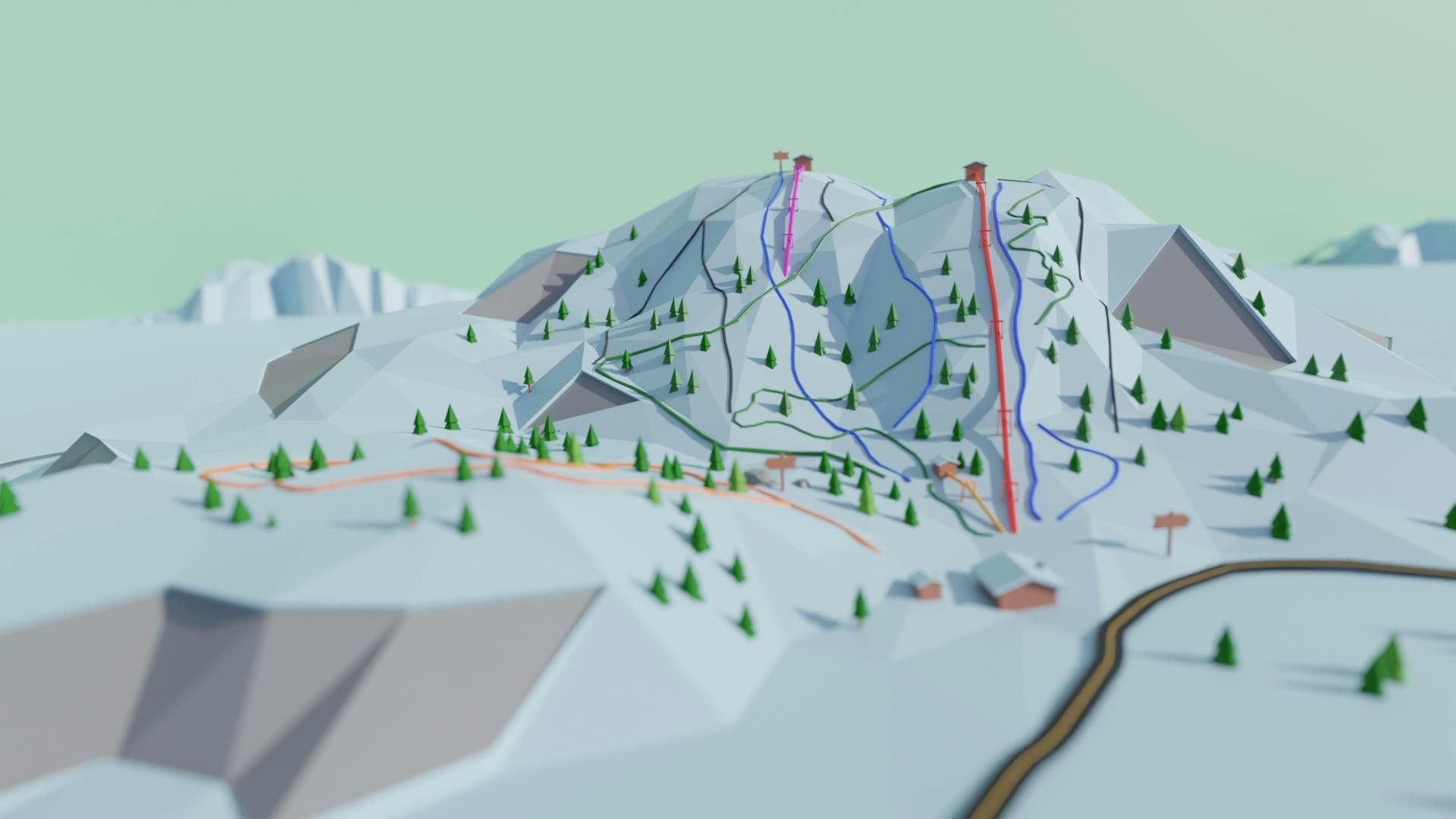 A 3d low poly render of Troll Mountain.